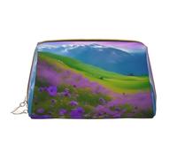 Nature Purple Flowers Meadow Leather Hand-Held Zipper Makeup Bag Pen Case Stationery Box Lipstick Pouch Toiletry Bag