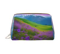 Nature Purple Flowers Meadow Leather Hand-Held Zipper Makeup Bag Storage Bag Portable Lipstick Pouch Toiletry Bag