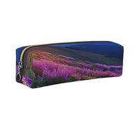 Nature Purple Flowers Meadow Mountain Scenic Print Leather Pencil Case Portable Stationery Bag Pencil Pouch Slim Design Pen Bag with Gold Zipper Pocket Size for or Student Office College Middle School