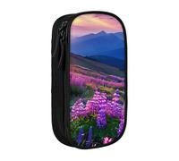 Nature Purple Flowers Meadow Mountain Scenic Print Pencil Case, Large Capacity 2 Compartment Dual Zips Pouch, Aesthetic Pencil case Stationery Organizer for Boys Girls Supplies Makeup Bag, Black