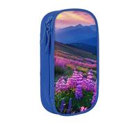 Nature Purple Flowers Meadow Mountain Scenic Print Pencil Case, Large Capacity 2 Compartment Dual Zips Pouch, Aesthetic Pencil case Stationery Organizer for Boys Girls Supplies Makeup Bag, Blue