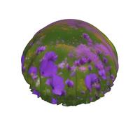 Nature Purple Flowers Meadow Mountain Scenic Print Reusable Spa Salon Shower Cap For All Hair Lengths With Lining Elastic Band