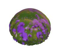 Nature Purple Flowers Meadow Mountain Scenic Print Shower Cap, Shower Cap for Women Reusable, Waterproof Bath Cap,Quick Drying Bath Hair Cap