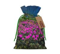 (Nature Purple Flowers Meadow Mountain Scenic) Printed Christmas M Size Gift Bags with Green Ribbon Drawstring Candy Bags for Kids Xmas Holiday Christmas Eve Presents
