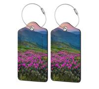 Nature Purple Flowers Meadow Mountain Scenic Printing Luggage Tags for Suitcases Pu Leather Luggage Tags Privacy Flip Cover, Stainless Steel Loop & Waterproof Address Card (1pack/2pack/4pack)