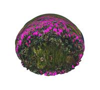 Nature Purple Flowers Meadow Mountain Scenic Shower Caps For Women, Elastic And Reusable Bath Caps, Double Waterproof Layers Shower Cap, Bathing Shower Caps
