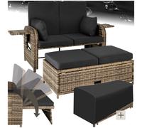 Tectake Garden Sofa Crete - Reclining 2 Seater, Side Tables, Footstool With Storage, Protective Cover - Nature