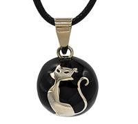 Nature Reflections Curious Cat Chime Ball Angel Caller Harmony Ball Necklace with Silver Cat on Black Orb Fairy Bell Jewelry, Enamel, No Gemstone