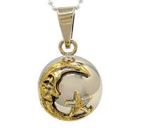 Nature Reflections Face in the Crescent Moon Chime Angel Caller Harmony Ball Necklace with Brass Moon Face and Star on 24" Silver Ball Chain