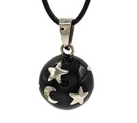 Nature Reflections Midnight Stars and Crescent Moon Chime Angel Caller Harmony Ball Necklace in Black Enamel and Alpaca Silver Motif, Enamel, No Gemstone