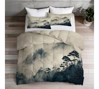 Nature Reversible Coverless Duvet Single 135×200cm - 4.5 Tog Soft Hypoallergenic Bedding, Forest Mist Mountain print, Lightweight All-Season Quilt with Pillowcase, Machine Washable, Beige