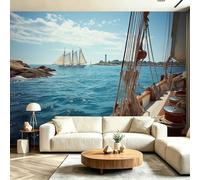 Nature Sailing Boat Coast Lighthouse Photo Wallpaper Blue Brown 350 x 256 cm - Non-Woven Premium Art Print Fleece Wall Mural Wall Covering DIY Decoration Poster Picture Design Modern - Sailing Lovers