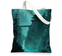 Nature Scene Eco-Friendly Reusable Canvas Tote Bags Modern Minimalist Lightweight Washable Teal 13x15 Inch