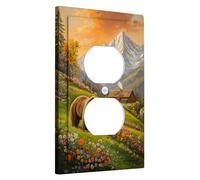Nature Scene Light Switch Cover Plate, Bear and Mountain Design, Scenic Wall Accents, Thermoplastic, Standard Size Single Duplex Outlet