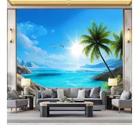 Nature Scenery Wall Mural 250 x 175 cm Photo Wallpaper, Ocean Beach Rocky Palm Trees Non-Woven Wall Mural Poster Modern Design for Living Room Bedroom Children's Room Corridor Decoration