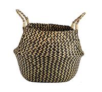 Nature Seagrass Basket, 1Pc Foldable Woven Storage Basket, Woven Clothes Belly Basket, Clothes Organizer Plant Flower Pot for Planting Home Decoration Laundry, Plant Pot Storage(black (wave pattern))