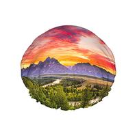 Nature Shower Cap,Colorful Sunset At Snake River Overlook In Grand Teton National Park Waterproof Double Layer Bath Caps Perfect For All Hair Lengths And Thicknesses
