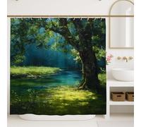 Nature Shower Curtain, Green Summer Woodland Tree and River Bath Curtains for Bathroom Decor, Rustic Scenic Waterproof Fabric Shower Curtain Set with Hooks 72x78 Inch