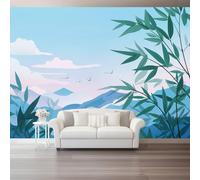 Nature Simple Mountains Bamboo Leaves Wall Mural Wallpaper, Non Self Adhesive Paste The Wall Mural for Living Room Bedroom, Light Blue High Definition Art Wall Decor - 400 x 280 cm (W x H)