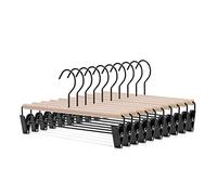Nature Smile Beech Wooden Pants Skirt Hanger for Jeans Bottom Trousers with 2-Adjustable Black Matt Clips and Hook 10 Pack (Natural Wood+Black Metal)