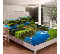 Nature Style Tree River Grass Bedding Sheet Natural Scenery Lover Fitted Sheet for Boys Girls Double Size