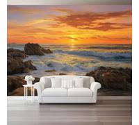 Nature Sunset Rocks Waves Wall Mural Wallpaper, Non Self Adhesive Paste The Wall Mural for Living Room Bedroom, Orange Color High Definition Art Wall Decor - 200 x 140 cm (W x H)