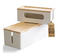 NATURE SUPPLIES Cable Tidy Box Set of 2 for TV, Computer, Desk and Under Desk Management with Real Wood Finish, White Color, Includes Large and Small Organiser for Power Strip and Wire Storage