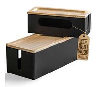 NATURE SUPPLIES Set of 2 Cable Management Boxes, Tidy Box for TV, Computer, Desk Cord Orgnaizer made of Real Wood Black Finish, Includes Large and Small Organiser for Power Strip and Wire Storage