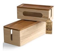 NATURE SUPPLIES Set of 2 Cable Tidy Boxes for TV Cords, Computer, Desk Cable Management with Real Wood, Natural Finish, Includes Large and Small Organiser for Power Strip and Wires