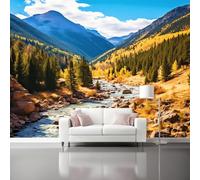Nature Theme Non-Woven Photo Wallpaper, Mountains Rocks Rivers Pattern Large Poster Mural Wallpaper for Living Room Bedroom Tv Background Office Kitchen Decor - 300 x 210 cm