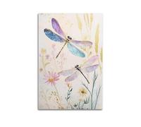 Nature Themed Purple Dragonfly Wall Art Vintage Flower And Insect Artwork Abstract Botanical Canvas Pictures Elegant Hanging Paintings Poster for Modern Interior Home Decor 20x30inch(50x75cm)