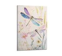 Nature Themed Purple Dragonfly Wall Art Vintage Flower And Insect Artwork Abstract Botanical Canvas Pictures Elegant Hanging Paintings Poster for Modern Interior Home Decor 12x18inch(30x45cm)