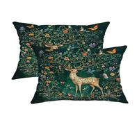 Nature Throw Pillow Covers Set of 2, Forest Deer and Floral Design Decorative Cushion Covers, Green Wild Animal Pattern for Spring Farmhouse Couch Sofa Bed Home Decor 20x12 Inch