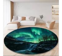 Nature Waterfall Rocks Aurora Round Rug for Living Room Bedroom, 140 cm Non-Slip Round Area Rug, Machine Washable Floor Carpet Colorful Soft Short Pile Circle Carpets for Kids Room Decor