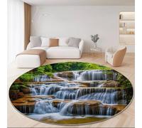 Nature Waterfall Rocks Forest Round Rug for Living Room Bedroom, 160 cm Non-Slip Round Area Rug, Machine Washable Floor Carpet Colorful Soft Short Pile Circle Carpets for Kids Room Decor