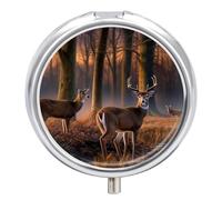 Nature Wild Animal Deers Pill Box 3 Compartment Small Pill Case for Purse Or Pocket Mini Metal Pillcase Medicine Organizer, Round Daily Medicine Container to Hold Vitamins, Fish Oil