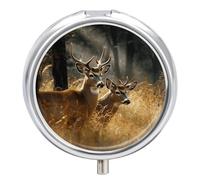 Nature Wild Animal Deers Pill Box Small Round Pill Case Portable Travel Pill Container Multi-Functional Moisture Proof Metal Medicine Pill Organizer Box for Vitamins Fish Oil