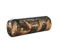 Nature Wild Animal Deers Printed Leather Pencil Case Cute Stationery Organizer Round Makeup Bag Pen Pouch, Silver Zipper