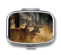 Nature Wild Animal Deers Square Pill Box, 2 Compartments, Portable Pocket Pill Box or Pill Organizer to Hold Vitamins, Medication, Fish Oil, etc