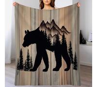 Nature Wildlife Blanket Throw for All Season, Soft Cozy Flannel Bear Pine Tree Mountain Range Printed Blanket, Warm Fuzzy Black Blankets Throw for Bed Sofa Couch Bedroom Living Room 220x240 cm