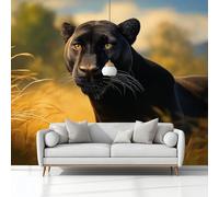 Nature Wildlife Grasslands Black Panther 3D Wallpaper, Non-Woven Wall Mural for Living Room Bedroom Large Background - 200 x 140 cm (W x H) Decoration Poster Picture Wallpaper (Not Peel and Stick)