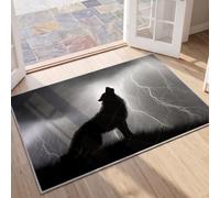Nature Wildlife Lightning Storm Howling Wolf Black White Area Rug, 60x90cm (2x3ft) Soft Printed Polyester, Rug Grippers, Washable, Easy Care Hallway, Bedside, Teen Room