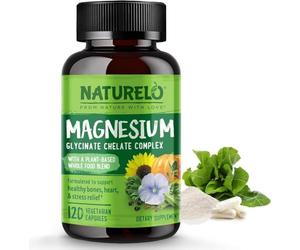 NATURELO Magnesium Glycinate Chelate Complex - 200 mg Magnesium with Whole Food Extracts to Support Energy, Nerves & Healthy Bones - 120 Vegan Capsules | 4 Month Supply