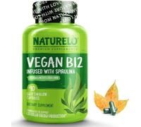 NATURELO Vegan B12 with Spirulina - High Potency 1000mcg Bio-Available Methylcobalamin - Best Support for a Plant-Based Diet or Deficiency - 90 Mini Capsules | 3 Month Supply
