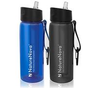Naturenova Water Filter Bottle with 4-Stage Integrated Filter Straw BPA Free for Camping, Hiking, Backpacking, Emergency and Travel, 2 Pack Black/Blue, 650ml