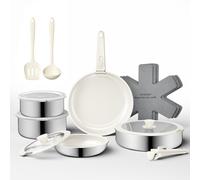 naturepan 16pcs Nonstick Cookware Set, Diamond-Titanium Ceramic Coating & 3 Layer Stainless Steel Pots and Pans Set with Detachable Handle, Dishwasher Safe, Induction Compatible, Oven Safe, White