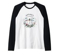 Nature's Harmony Dragonfly Floral Botanical Illustration Raglan Baseball Tee