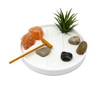 Nature's Mark Mini Zen Garden Kit for Desk with White Sand Rake White Base Salt Rock and Air Plant (Round)