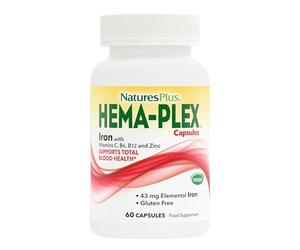 NaturesPlus Hema Plex Capsules - Gentle, Fast Acting Iron Capsules with Vitamin C, Methyl B12, Folate - Blood Health and Energy Support - Vegan, Gluten Free - 60 Capsules