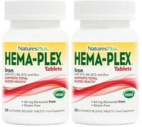 NaturesPlus Hema Plex Iron Complex - Gentle Iron Supplement with Vitamin C, Methyl B12, Folate - Blood Health, Immune Support, Energy - Vegan, Gluten Free - 30 Tablets (Pack of 2)
